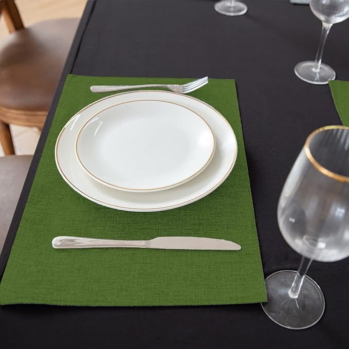 Linen Fabric Placemats Set of 6, Machine Washable, Heat Resistant, Wrinkle Free, Thick Polyester Kitchen Place Mats for Dining Table (Green)