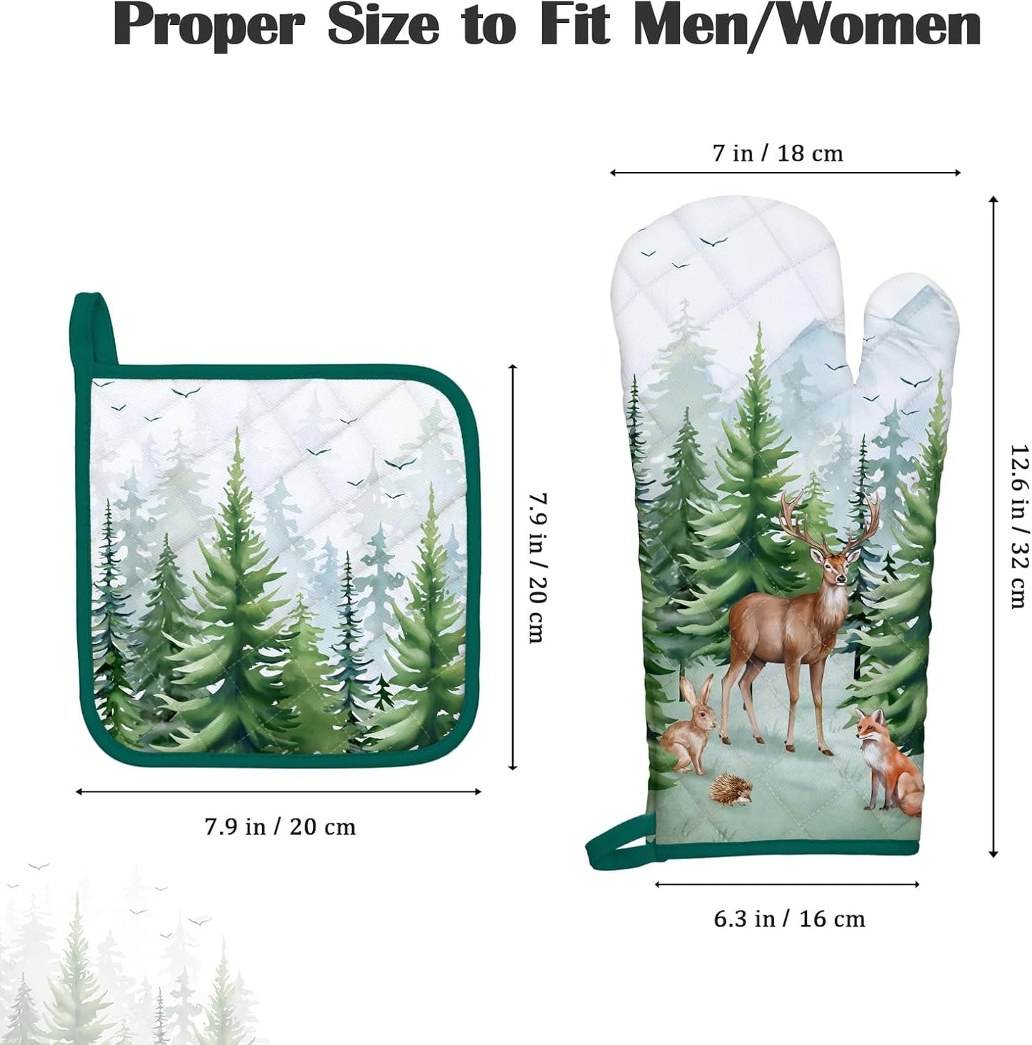 Woodland Deer Oven Mitts and Pot Holders Sets 2Pcs, 100% Cotton Heat Resistant, Extra Long Oven Gloves Potholder for Kitchen Cooking Baking Decoration