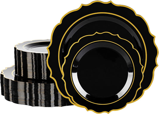120PCS Black Plastic Plates, Disposable Elegant Party Plate with Gold Rim, Heavy Duty 60 Dinner and 60 Dessert Fancy Plates for Party and Wedding