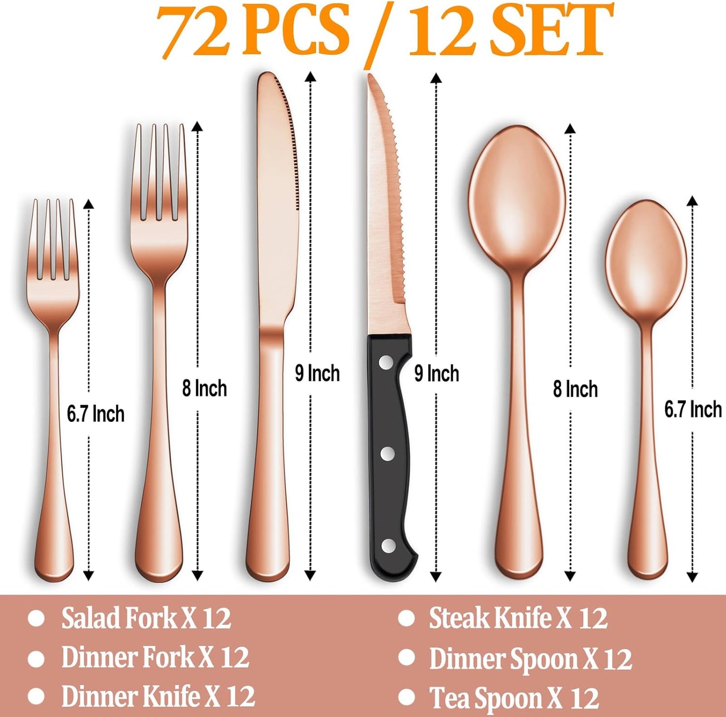 72 Pcs Rose Gold Silverware Set with Steak Knives Service for 12,Stainless Steel Flatware Set,Mirror Polished Cutlery Utensil Set, Kitchen Eating Tableware,Include Fork Knife Spoon Set,Dishwasher Safe