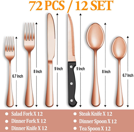 72 Pcs Rose Gold Silverware Set with Steak Knives Service for 12,Stainless Steel Flatware Set,Mirror Polished Cutlery Utensil Set, Kitchen Eating Tableware,Include Fork Knife Spoon Set,Dishwasher Safe