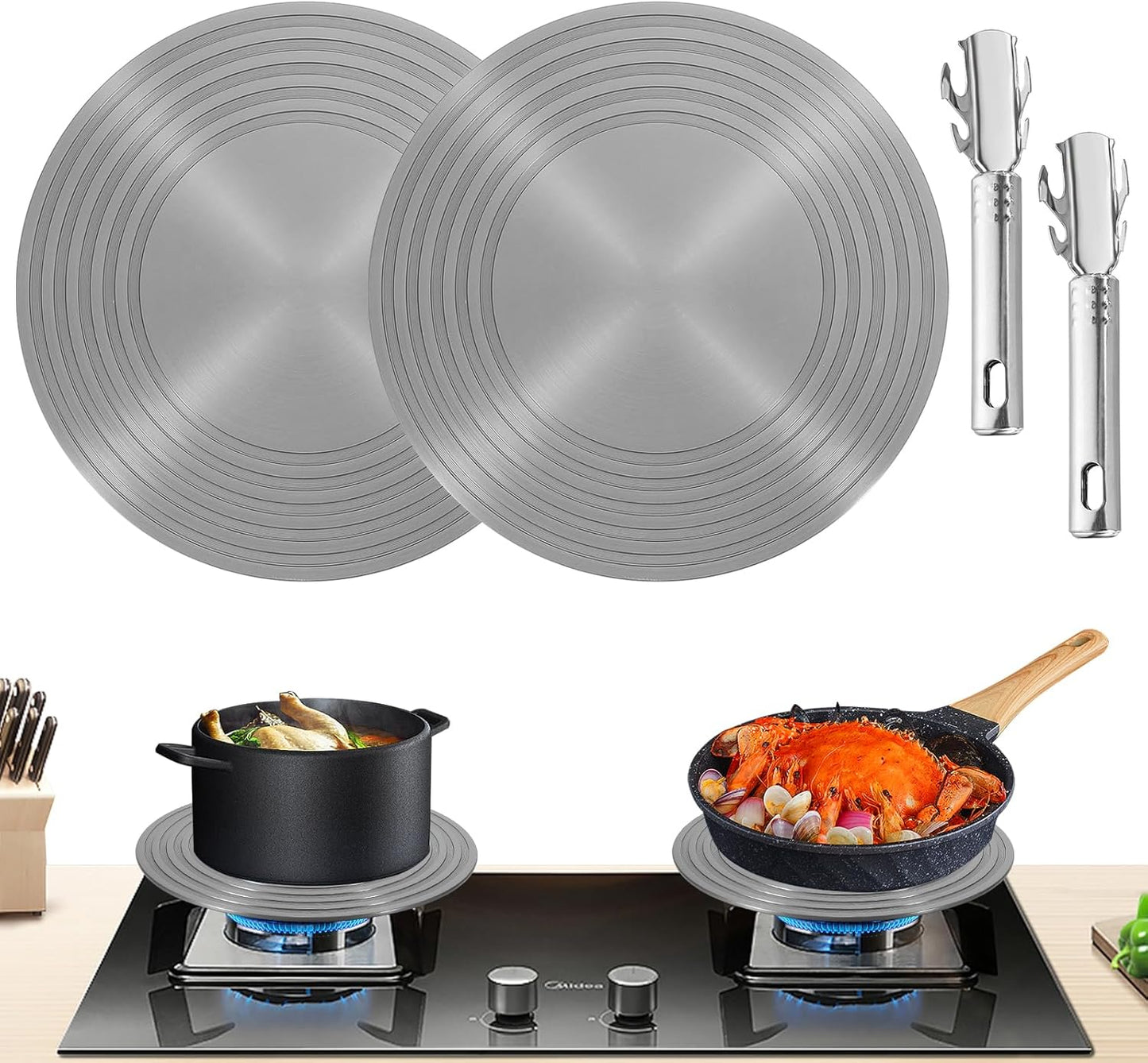 2 Pack Gas Stove Heat Diffuser Plate, Round Fast Defrosting Tray Aluminum Non-Stick Coating Cookware Simmering Thawing Plate Conduction Multifunctional, Flame Guard Protection Stovetop (9.3 inch)