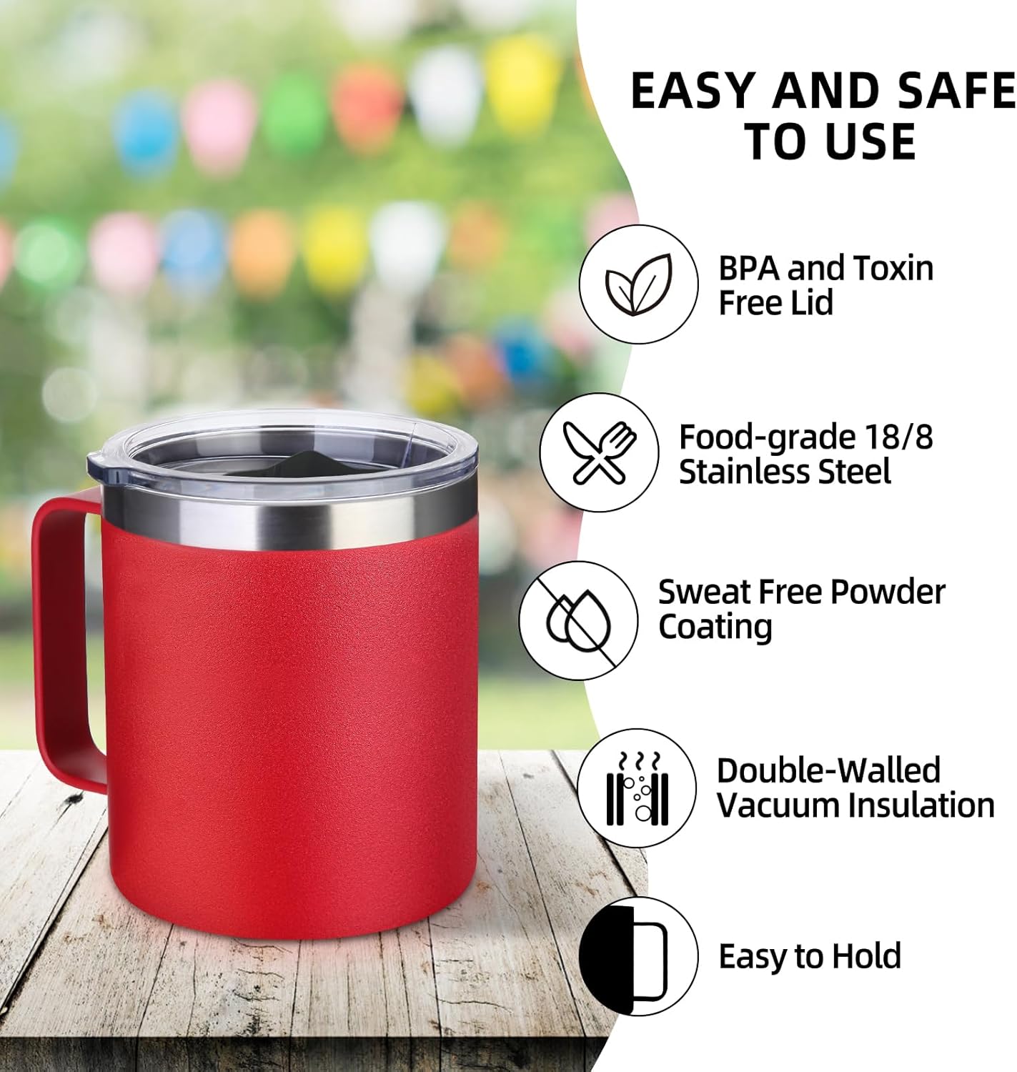Volhoply 14oz Insulated Stainless Steel Coffee Mug with Lid Bulk 2 Pack,Double Wall Vacuum Travel Coffee Cup with Handle,Reusable Cups Tumbler,Camping Mugs Keep Hot/Cold,Ideal Gifts(Red,2)
