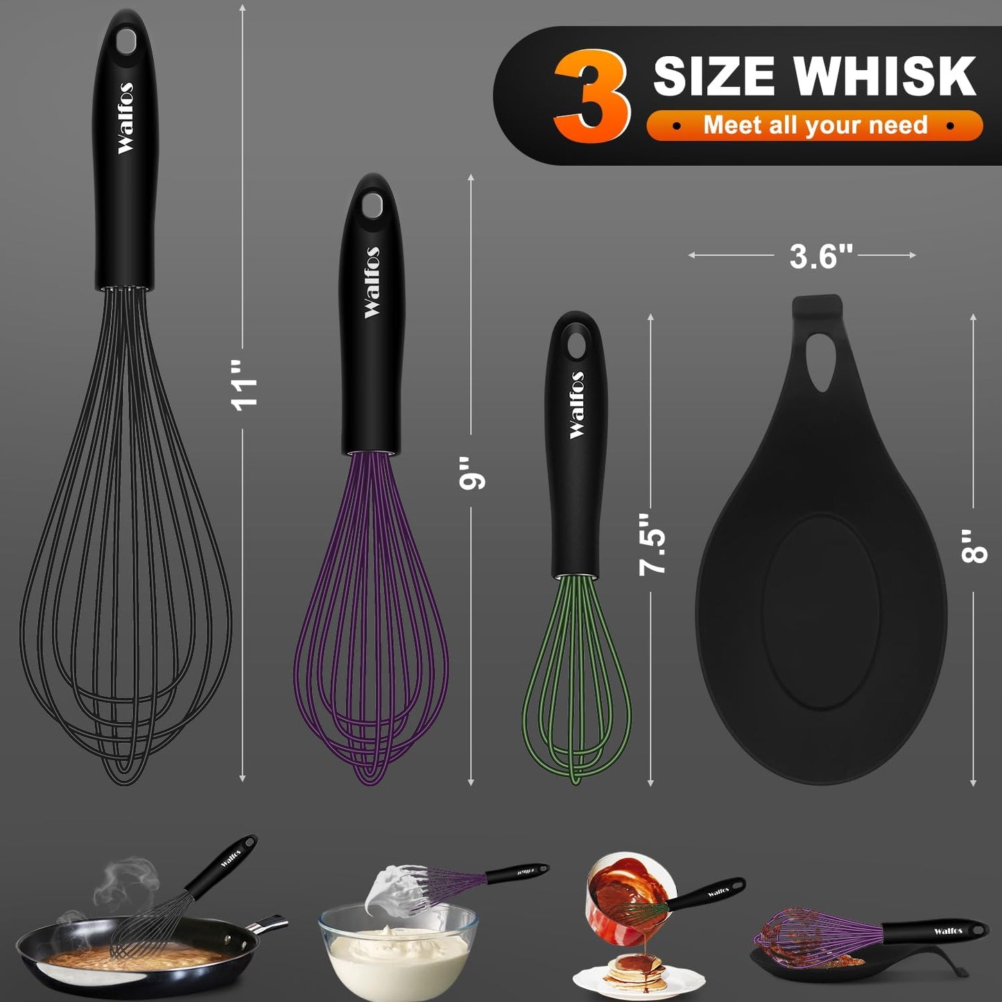 Walfos Silicone Whisk With 8in Rest,Whisks for Cooking Non Scratch,7.5+9+11in Whisk for Nonstick Cookware,Dishwasher Safe,Rest for Kitchen Counter Wisk Perfect for Blending, Baking, Beating, Set of 4