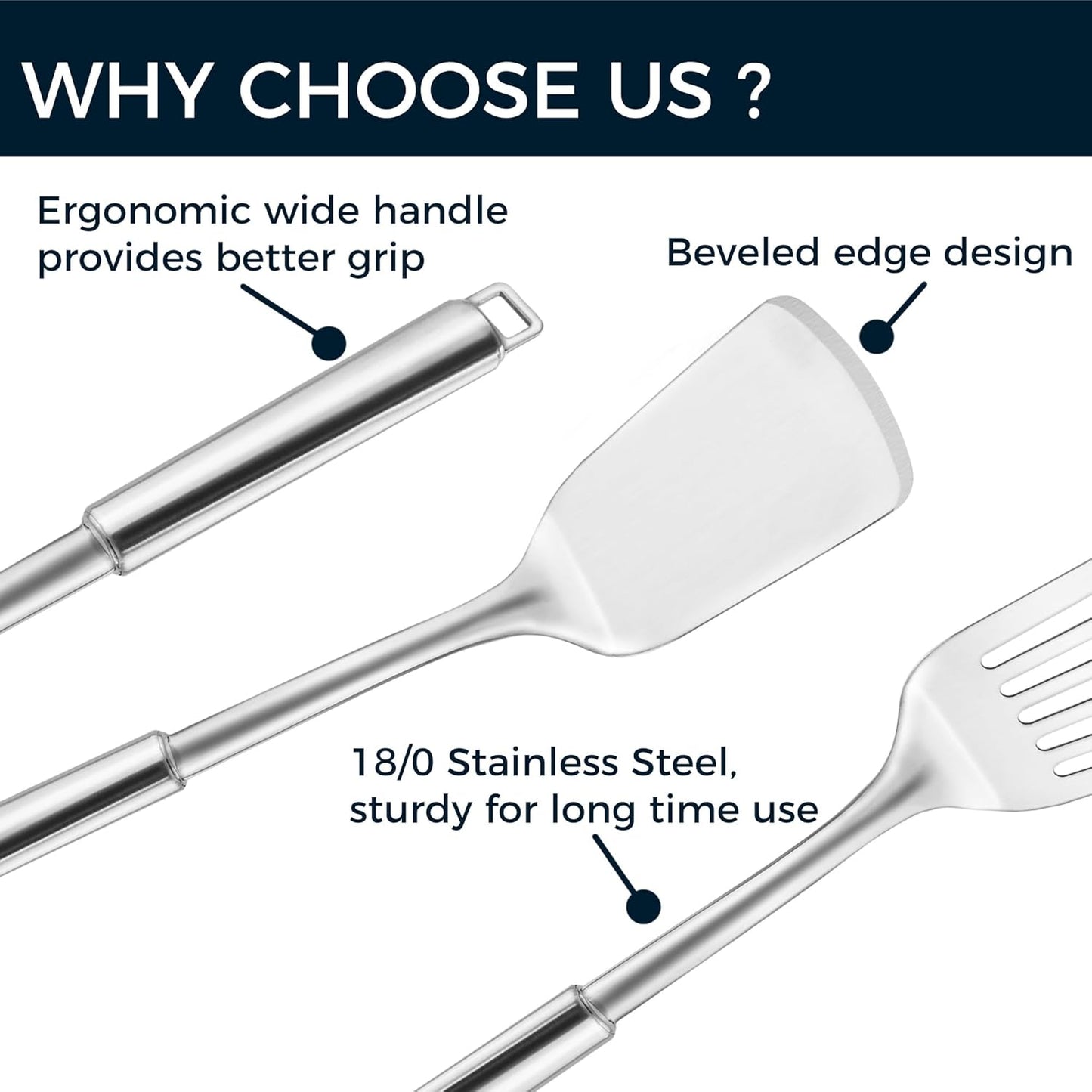 14.5-in Stainless Steel Spatula Set, 18/0 SS Heavy Duty Turner & Slotted Spatula for Kitchen Use, Cast Iron Grilling Frying, Pack of 2