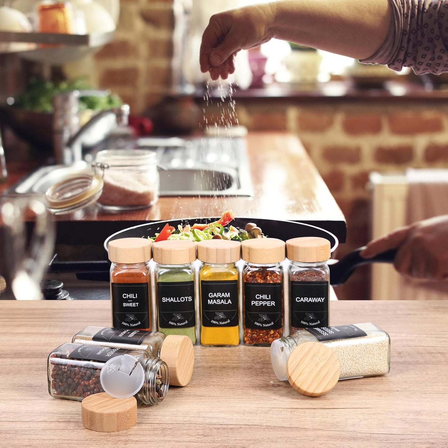 SZUAH 4oz Glass Spice Jars with Labels 36 Pack,Empty Seasoning Jars, Glass Jar with Bamboo Lids for Cabinet, Drawer, Rack, Seasoning Organizer & Pantry Organization (120ml, Set of 36)