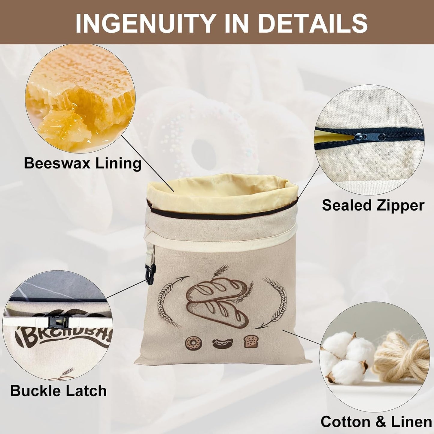 Beeswax Bread Bags for Sourdough, Large Size Sourdough Bread Bags with Beeswax to Keep Freshness Longer, Washable and Reusable Sourdough Storage Bag (2 Pack) (Beige)