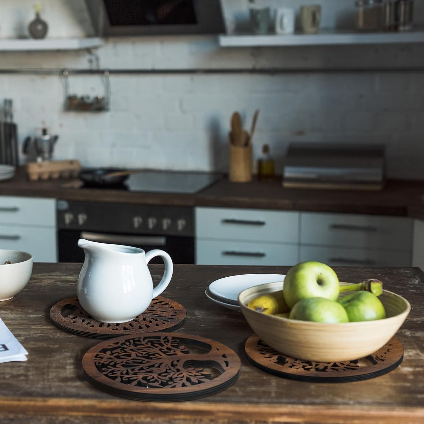 3 Pcs Life Tree Wooden Trivets for Hot Dishes 8 Rustic Round Tree Trivet Set Hot Plate Holders Heat Resistant Polite Trees Coasters for Table Dishes Pots and Pans(Brown)