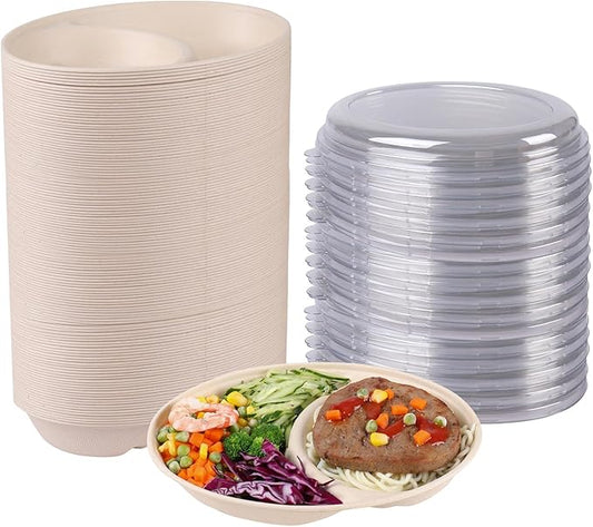 24 oz Oval Disposable bowls with lids,Sugarcane Salad Bowls 2 compartments take away food containers Plant Fibers 50 Pack