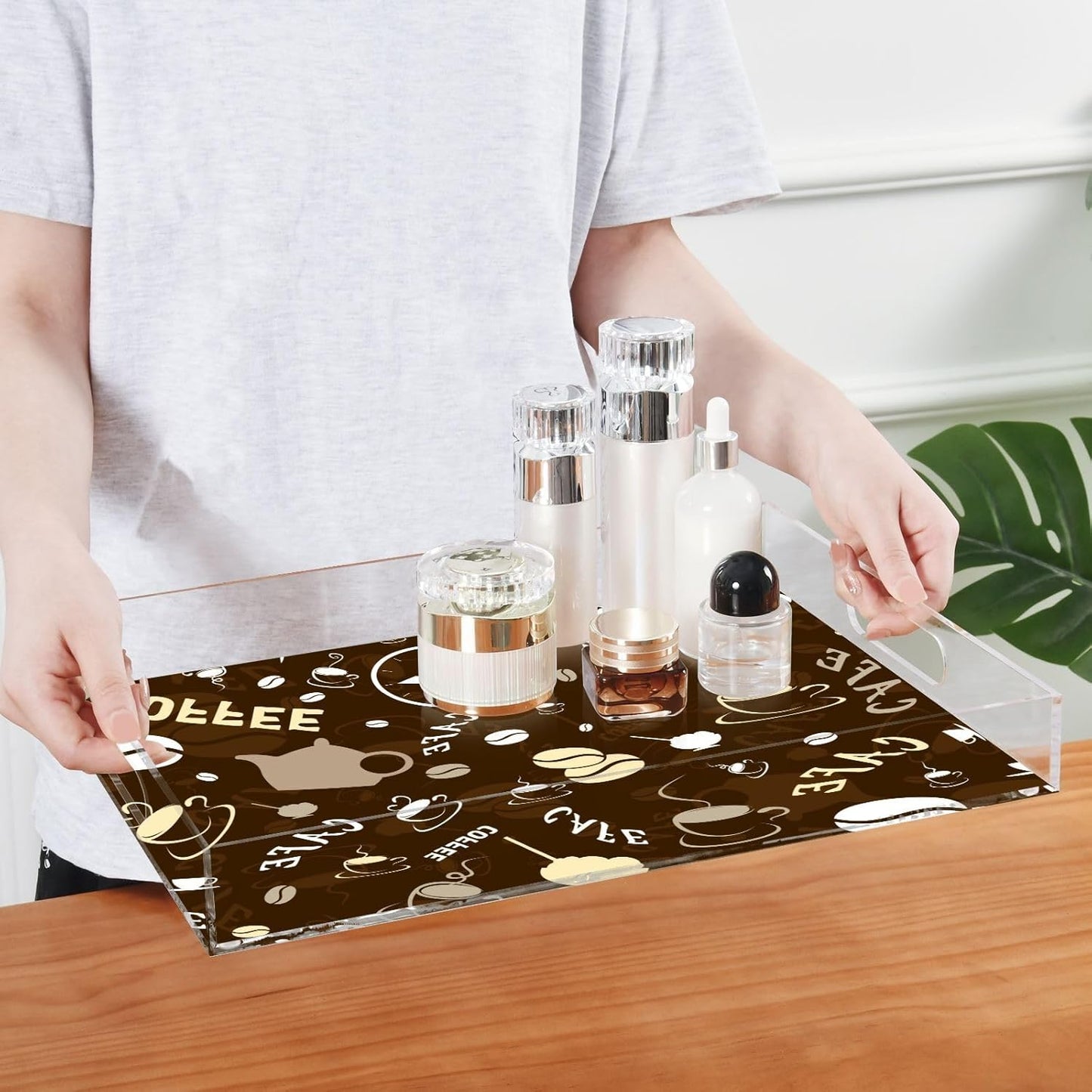 Acrylic Serving Tray with Handles Spill Proof Kitchen Storage Tray Clear Decorative Tray Makeup Drawer Organizer Storage Tray for Bathroom Living Room Ottoman 15.7x11.8Inches