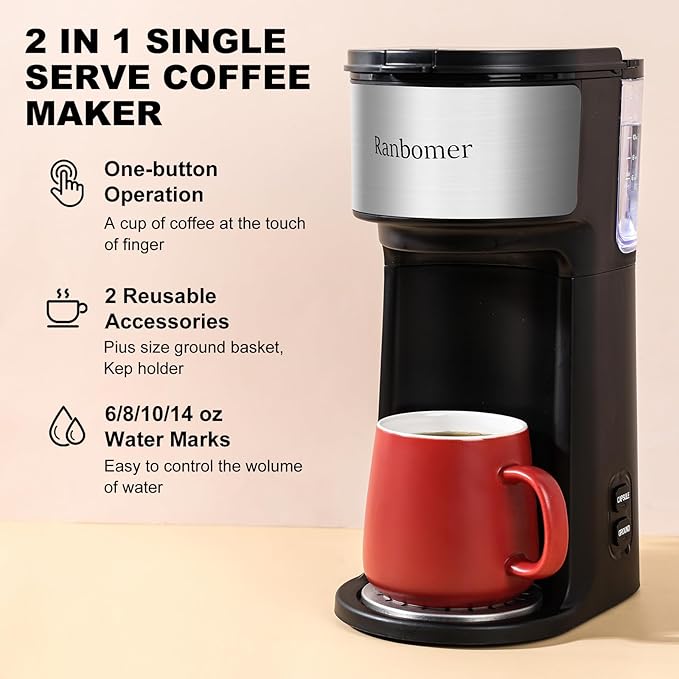 K Cup Coffee Maker, Single Serve coffee machine or Ground Coffee Machine 2 in 1, 6 to 14 Oz Brew Sizes, Mini One Cup Coffee Maker with Self cleaning Function, Fits Travel Mug (Black)