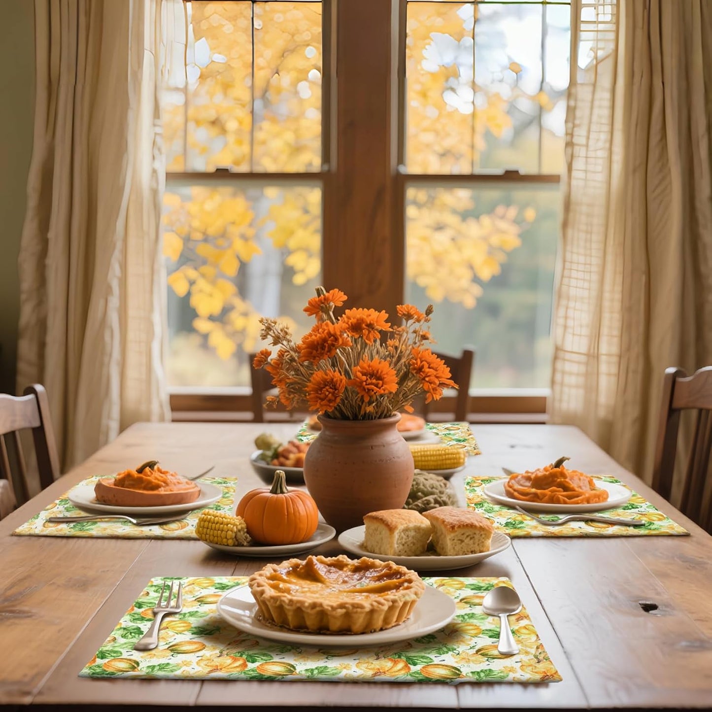 MANSPHIL Fall Pumpkin Placemats Set of 4 Thanksgiving Fabric Place Mats Autumn Harvest Table Decor - Farmhouse Table Mats for Dining Kitchen Washable Wrinkle Free 13x19 Inch Oeko Tex Placemat