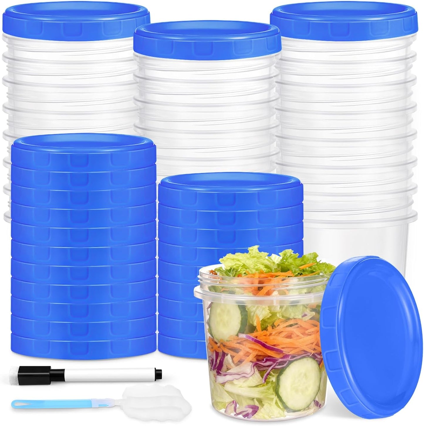 24 Pcs 16 oz Plastic Deli Containers with Screw Lids, Freezer Storage Containers Reusable 2 Cup Food Storage Container with Pen & Brush for Snack Salad Fruit, Microwave & Dishwasher Safe