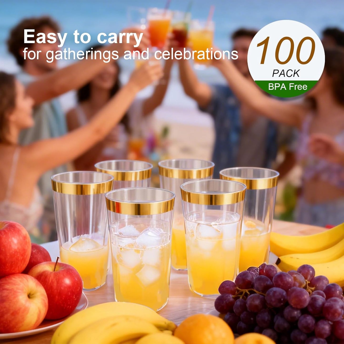 100 Pcs Gold Plastic Tumblers - 16 oz Clear and Gold Rim Plastic Wine Cups, Big Size Fancy Disposable Party Cup Beverage Drinking Cup for Party, Wedding, Halloween, Thanksgiving & Christmas