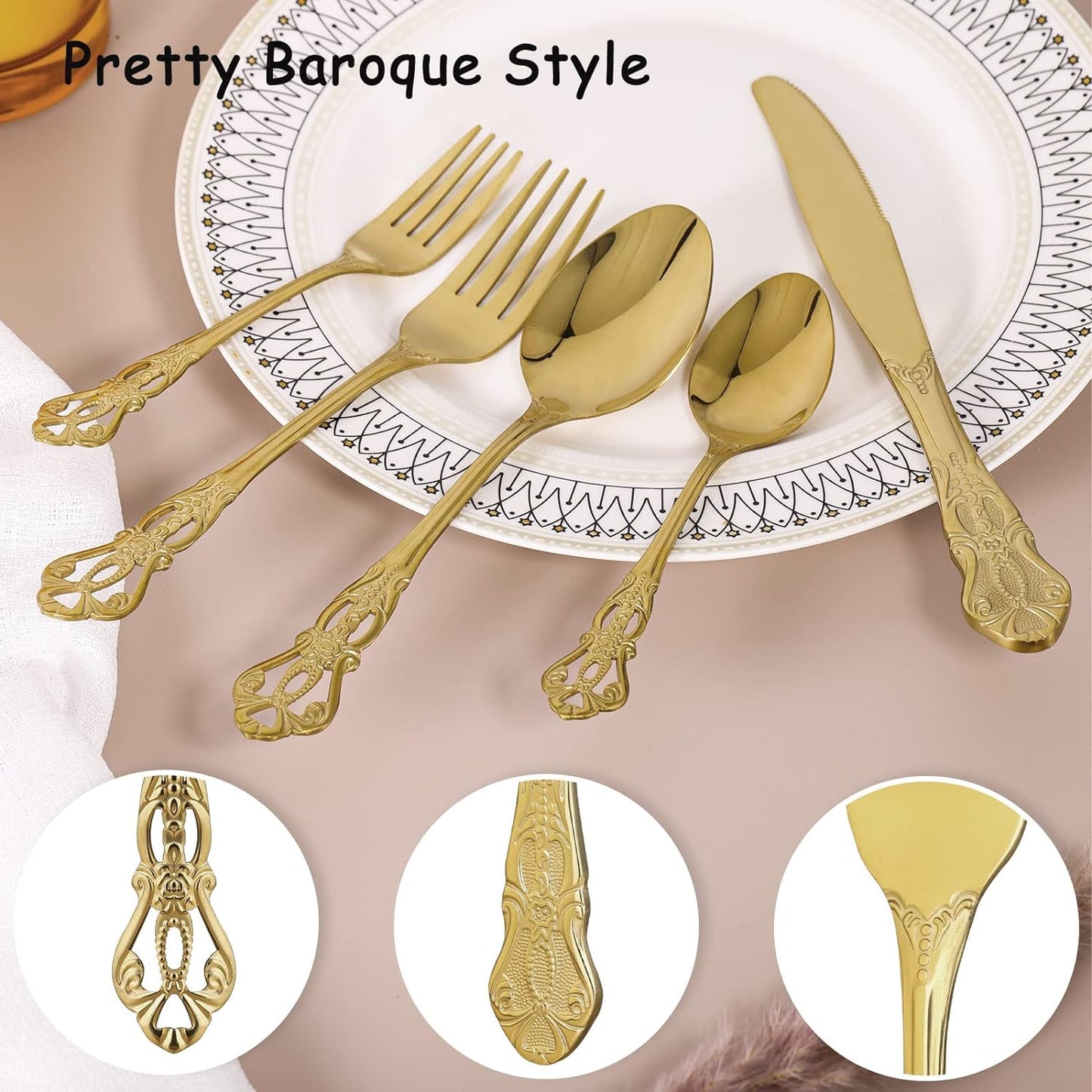 Gold Silverware Set for 4, Stainless Steel Gorgeous Retro Royal Flatware Set, 20-Pieces Cutlery Tableware set, Kitchen utensils set Include Spoons And Forks Set, Mirror Finish, Dishwasher Safe