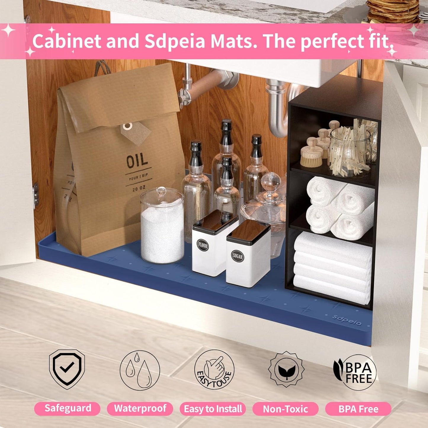 Sdpeia Under Sink Mat for [31" x 22"] Cabinet, Upgraded Silicone Waterproof Mat Kitchen Cabinet Liner Cabinet Protector Kitchen Organizers and Storage