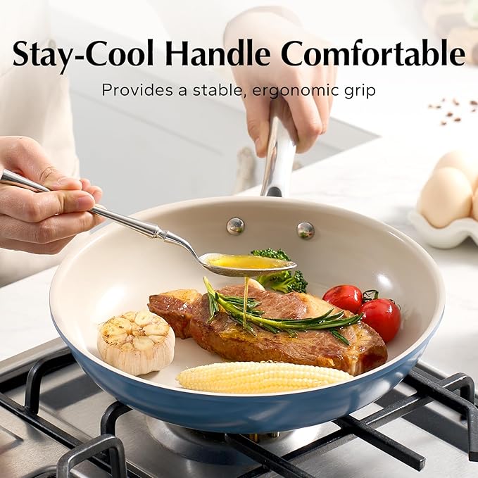 Redchef Non Stick Ceramic Frying Pan Set, Non Toxic Ceramic Pans for Cooking, 8" 9.5" 11" Skillet Set, No PFAS & PTFE & PFOA with Stainless Steel Handle, Dishwasher & Oven Safe Max up to 842°F (Blue)