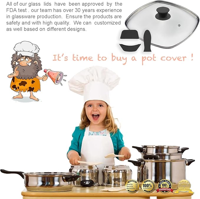 FOLI Square Glass Lid for Grill Pans with Steam Vent Hole - Fits Lodge Cast Iron Skillets 10.5inch/26.67cm Silicone Potholder- Square Tempered Glass Lid - Universal Replacement Cover Silicone Knob