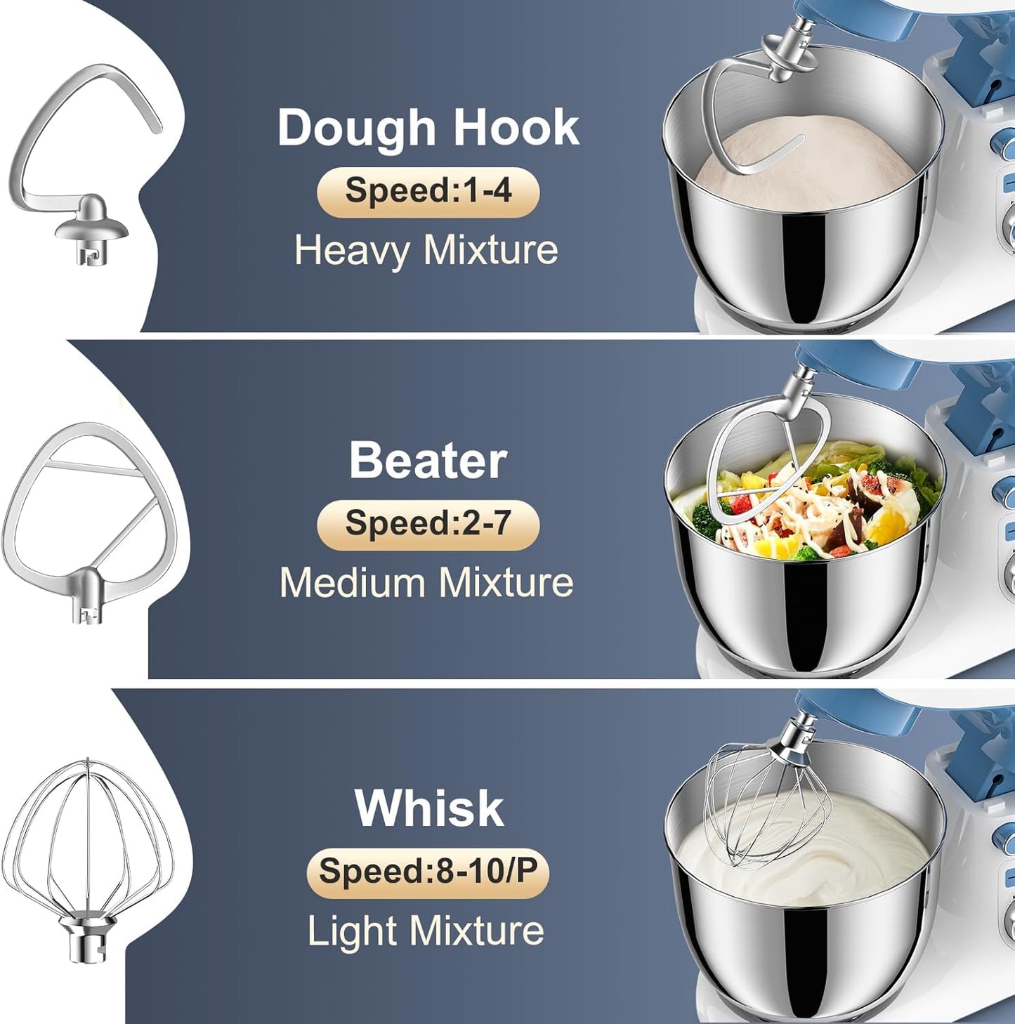 Stand Mixer, POWWA 6.5 QT 10 Speeds Tilt-Head Electric Stand Mixer, 3-In-1 Kitchen Mixer with Bowl, Dough Hook, Whisk and Beater, Food Mixer for Baking and Daily Use (White Blue)