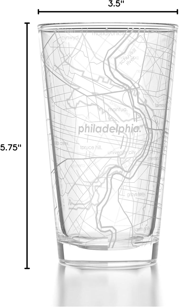 Well Told Engraved Philadelphia Pennsylvania Map Pint Glass, Etched Beer Gift (16 oz, Clear) City Map Pint, Custom City Glassware, Gifts For Beer Lovers
