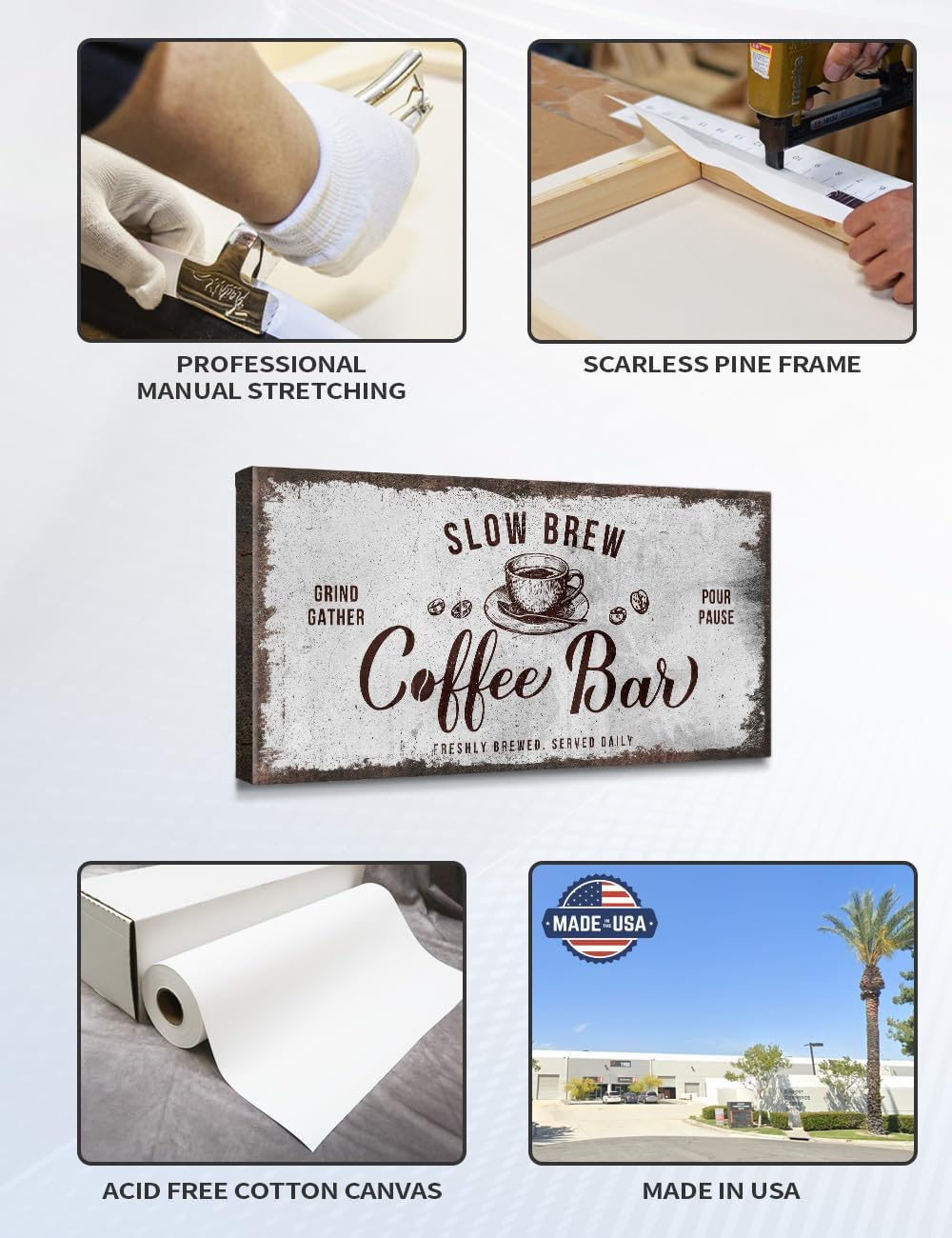 IPIC - Rustic Coffee Bar Sign Slow Brew, Canvas Print Wall Art for Home and Coffee Station, Rustic Industrial Style Wall Decor for Kitchen and Cafe