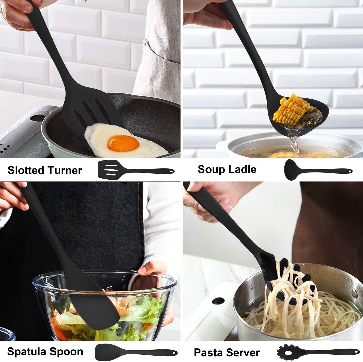 LIANYU 14 Pcs Cooking Utensils Set with Holder, Heat Resistant Silicone Kitchen Cookware Utensils Set, Kitchen Cooking Tools Includes Spatula Spoon Turner Whisk Tong, Dishwasher safe, Black