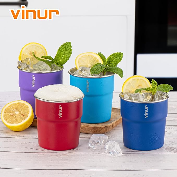 VINUR 8 oz Stainless Steel Cups 4 Pack Tumbler Stackable Metal Drinking Glasses for Travel, Camping, Outdoors (Canyon Red-Sky Blue-Purple-Navy)