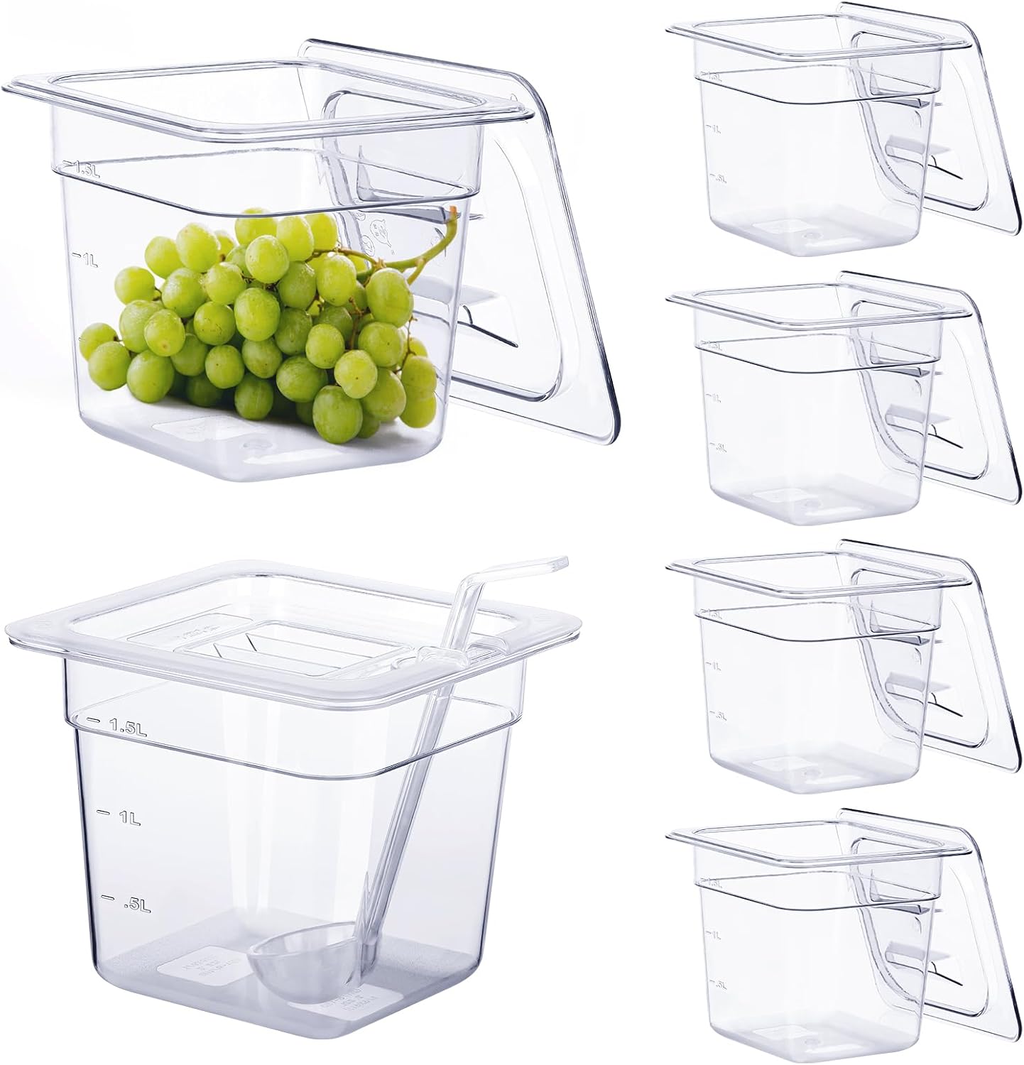 6 Pack Plastic Food Pans with Lids 1/6 Size 6'' Deep Restaurant Food Containers Stackable Clear Polycarbonate Commercial Hotel Pans with 1 Plastic Spoon for Fruits Vegetables