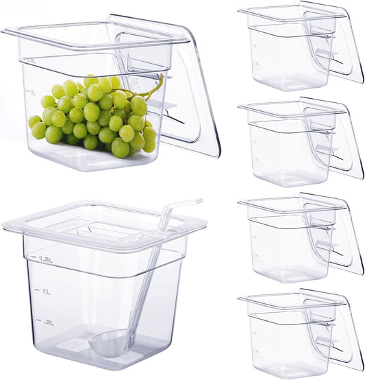 6 Pack Plastic Food Pans with Lids 1/6 Size 6'' Deep Restaurant Food Containers Stackable Clear Polycarbonate Commercial Hotel Pans with 1 Plastic Spoon for Fruits Vegetables