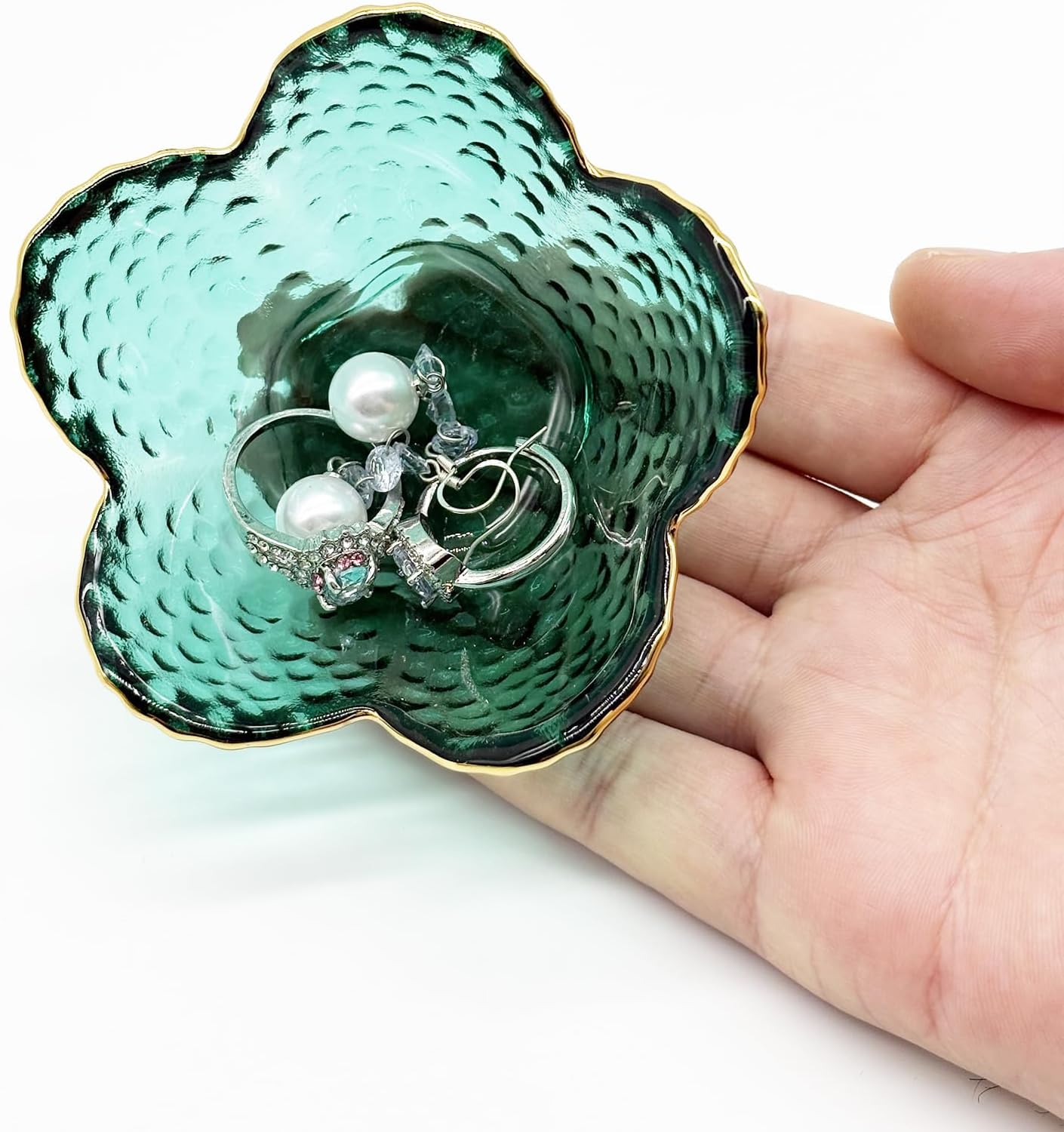 Small Jewelry Tray Dish for Women, Green Glass Jewelry Dish Trinket Tray, Flower Ring Dish Engagement Gift, Crystal Ring Holder Dish, Bathroom Jewlery Plate Dish, Jewelry Bowl for Earrings