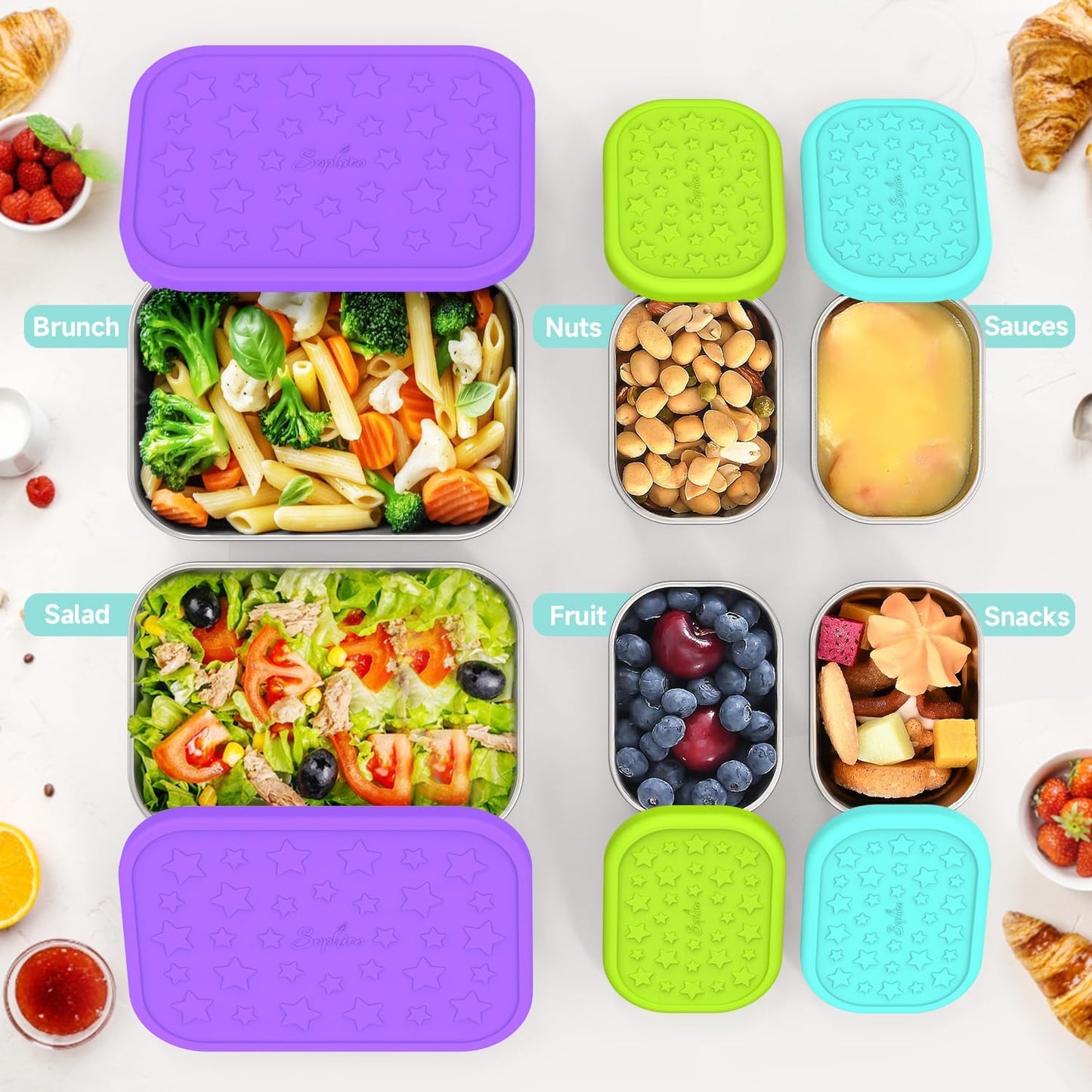 SOPHICO Stainless Steel 24 OZ Snack Containers for Kids，Food Storage Container with Silicone Lid - Perfect 304 Metal Toddler Lunch Box for Daycare and School, Leak Proof （Purple）