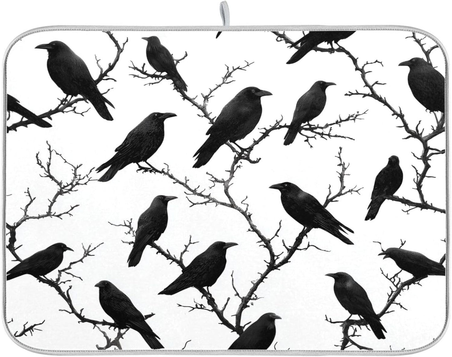 Crows Birds Perched on Branches Dish Drying Mat for Kitchen Counter Super Absorbent Dishes Pad Reversible Microfiber Protector Dish Draining Mats 16x18 inch