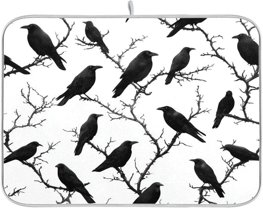 Crows Birds Perched on Branches Dish Drying Mat for Kitchen Counter Super Absorbent Dishes Pad Reversible Microfiber Protector Dish Draining Mats 16x18 inch