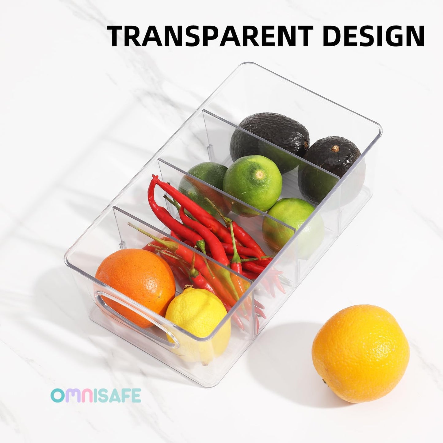 4-Section Divided Storage Plastic Bins, Clear Plastic Food Storage Organizer for Kitchen, Snacks, Spice Packets,Pouches, Stackable Tea Bag Storage Bin (6 Pack)