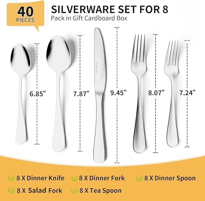 Silverware Set for 8, 40 Pieces Heavy Duty Stainless Steel Flatware Set, Mirror Polished Cutlery Utensil Set, Dinner Fork Knife Spoon Eating Tableware Set for Home, Dishwasher Safe, Silver