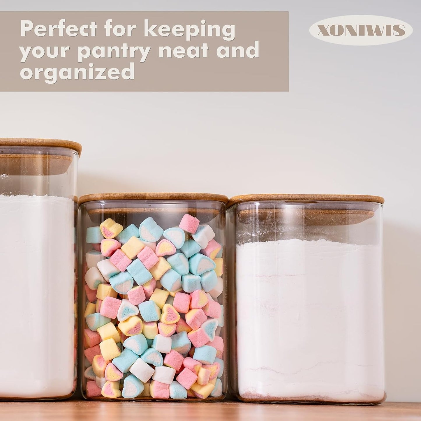 1.2 Gallon (148oz) 2PCS Large Glass Food Storage Containers, Wide Mouth Storage Containers with Tight Lids Square Glass Jars for Flour and Sugar Cereal Rice Pasta Oats Wheatmeal Coffee Niblet