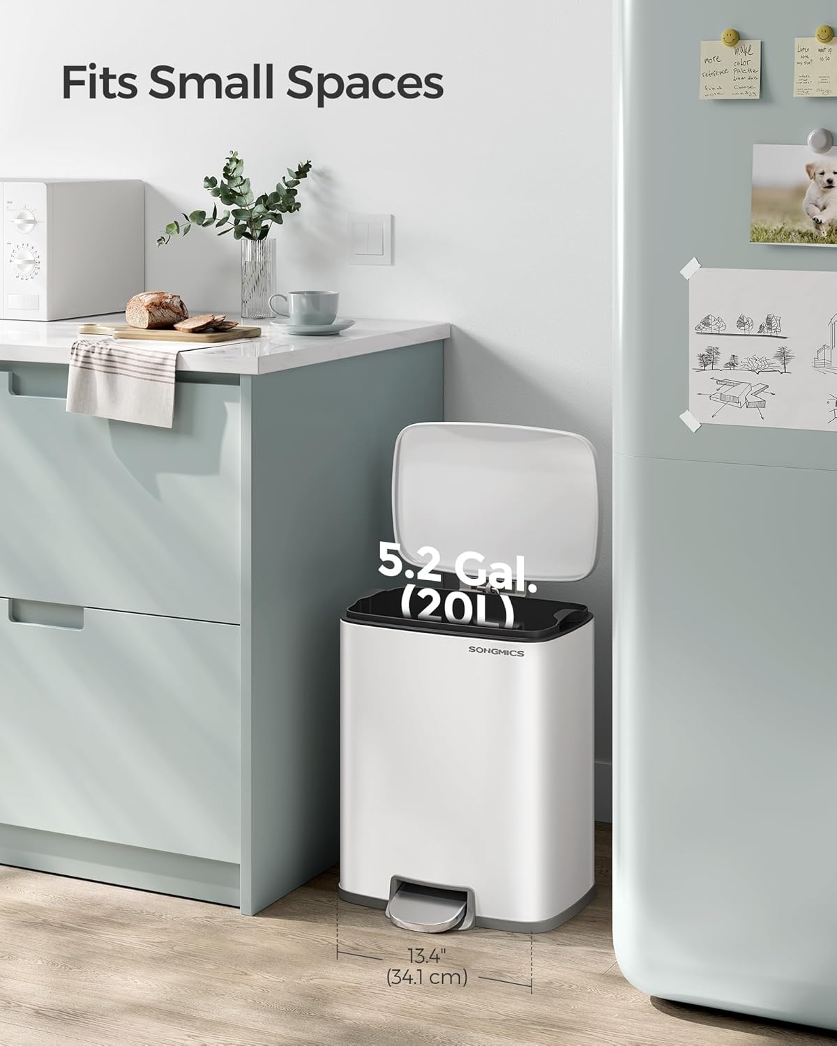 SONGMICS Trash Can, Garbage Can with Lid, 5.2-Gallon (20L) Step Trash Bin for Kitchen, Stainless Steel, Soft Close and Stays Open, Inner Bucket, Includes 15 Trash Bags, White ULTB543W01