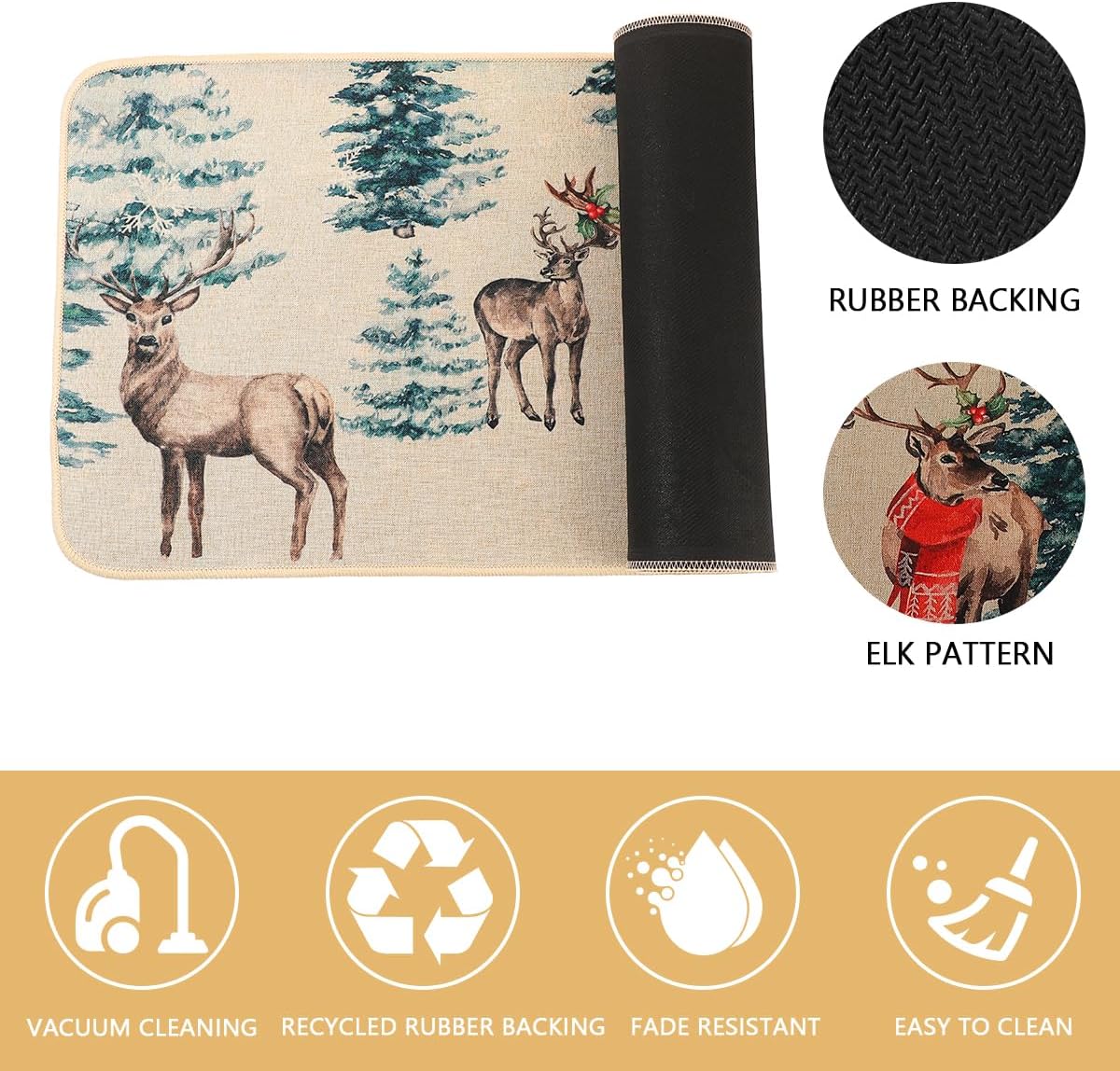 Larponder Christmas Snow Elk Snowflake Kitchen Mats Set of 2, Non-Slip Absorbent Rug and Door Mats, Home Decor Kitchen Floor Rugs for Winter - 17x24 and 17x48 Inch