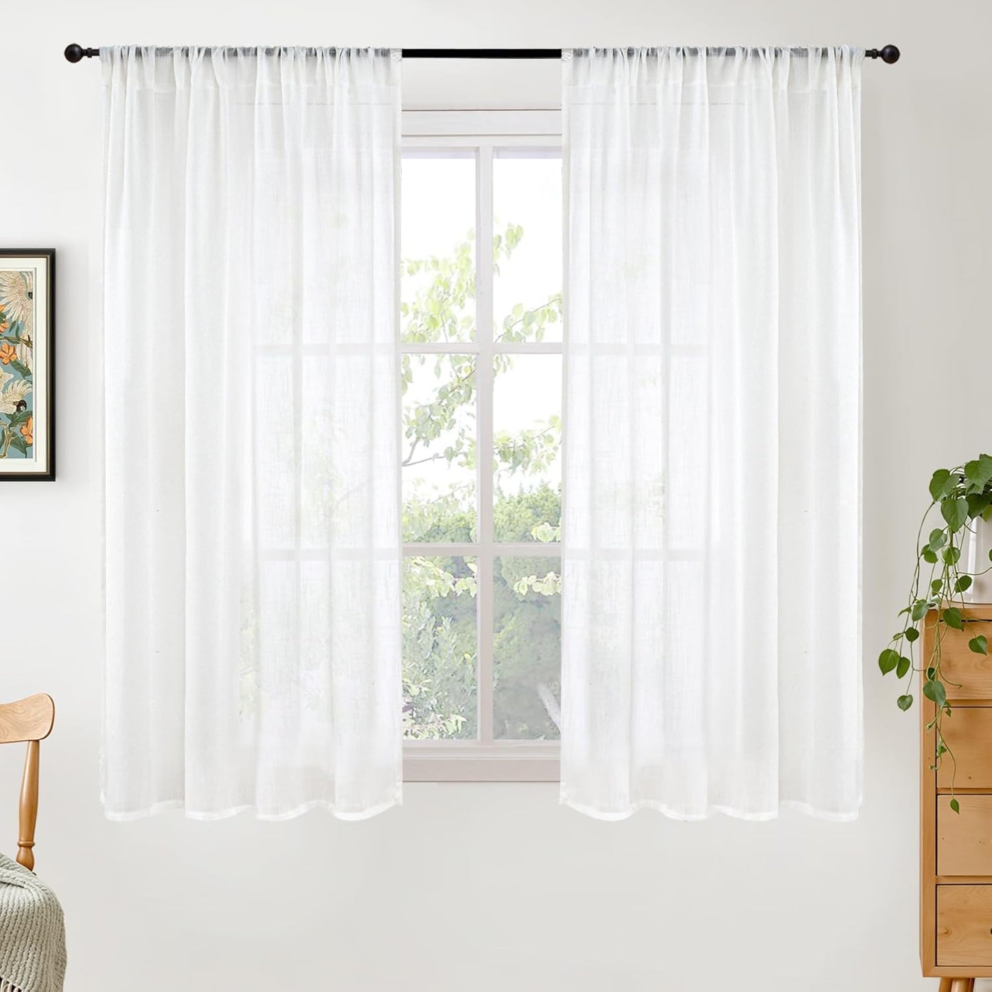 BGment White Linen Semi Sheer Curtains 45 Inch Length for Short Window - Lightweight Drapes Light Filtering with Rod Pocket for Cafe Bedroom Kitchen Bathroom Window, 2 Panels Set, 42 X 45 Inch