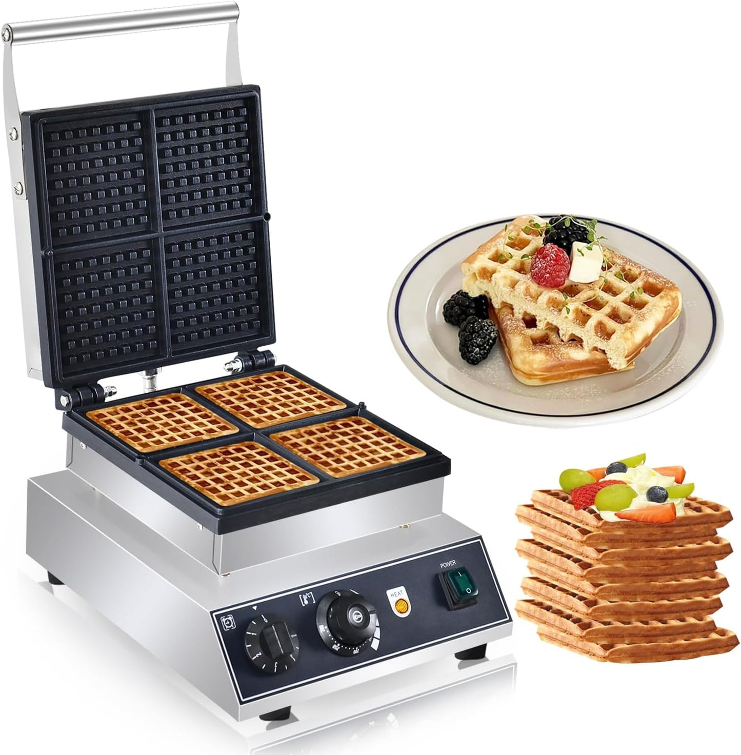 110V Commercial Square Waffle Maker ，4pcs Nonstick Electric Waffle Maker 1800W Electric Stainless Steel Belgian Waffle Machine with Temperature&Time Control for Snack Bar Home Bakeries