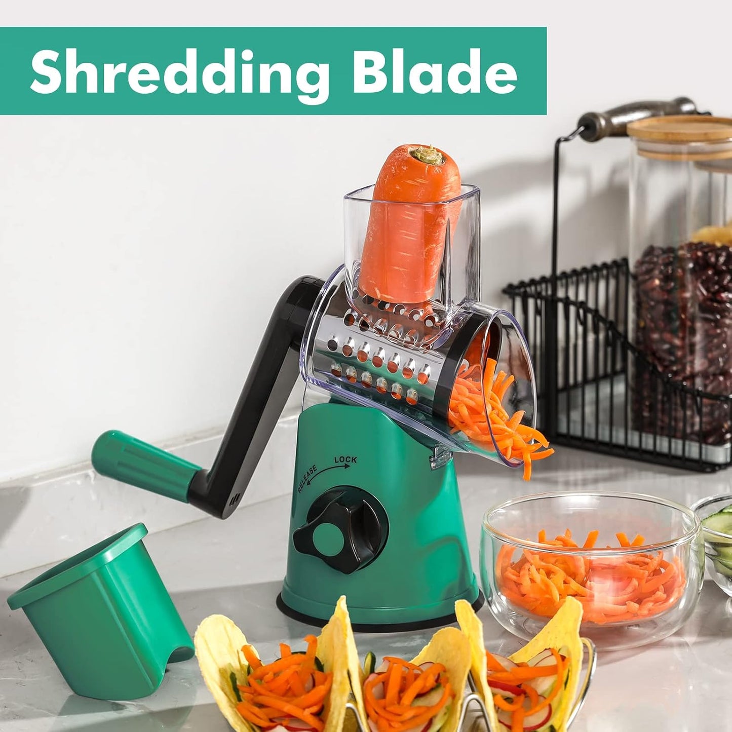 Cheese Grater Rotary, Rotary Grater for Kitchen, Kitchen Grater Vegetable Slicer with 3 Drum Blades, Fast Cutting Cheese Shredder for Vegetables and Nuts