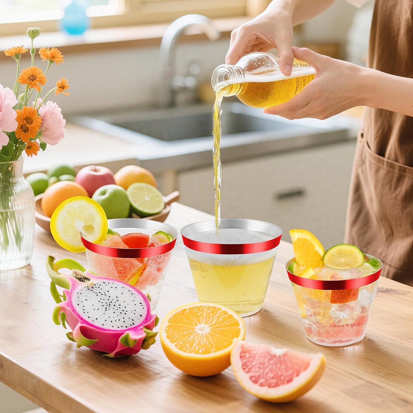 100pcs Red and Clear Plastic Cups, 9oz Plastic Cups Red Rimmed Disposable Cocktail Glasses Fancy Disposable Cup Drinking Tumblers Shot Cup for Wedding Party