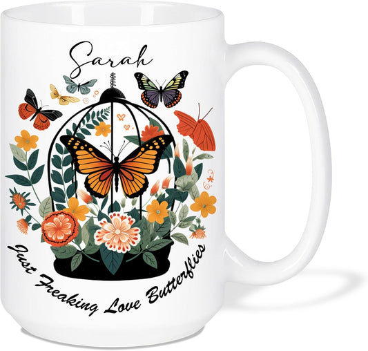 Personalized Name Just Freaking Love Butterflies Travel Mugs, Customized Colorful Butterfly Lovers Ceramic Presents Cups, Custom Great Birthday Animal Tea Cup Gift 11oz 15oz