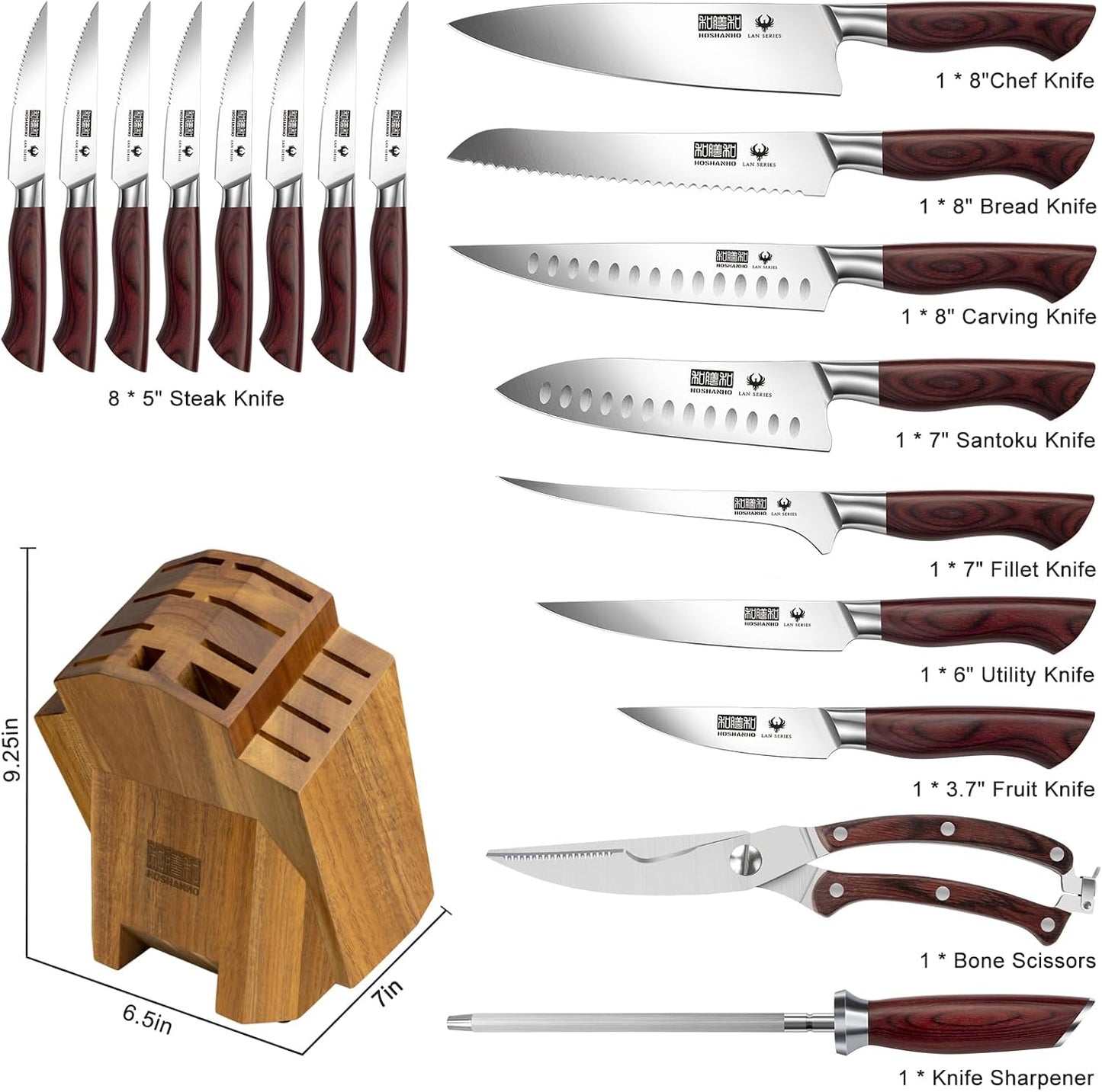HOSHANHO Kitchen Knife Set with Block 18-Piece, Super Sharp High Carbon Stainless Steel Chef Knife Set, Professional Cutlery Knife Set with Sharpener