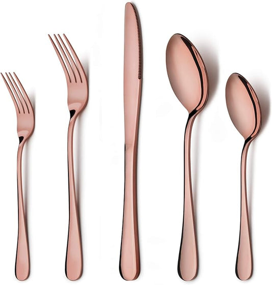 LIANYU Copper Silverware Flatware Set, 20 Piece Stainless Steel Cutlery Set for 4, Mirror Finish, Ideal for Home Hotel Wedding Festival Party, Dishwasher Safe