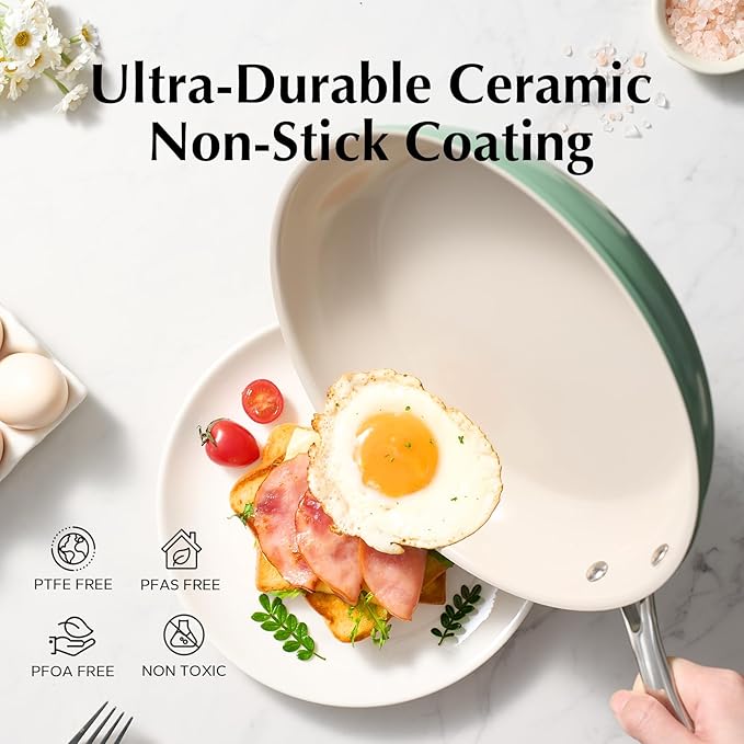 Redchef Non Stick Ceramic Frying Pan Set, Non Toxic Ceramic Pans for Cooking, 8" 9.5" 11" Skillet Set, No PFAS & PTFE & PFOA with Stainless Steel Handle, Dishwasher & Oven Safe Max up to 842°F (Green)