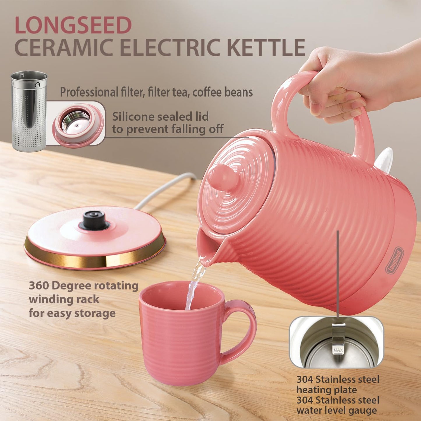 1.2 Liters Ceramic Electric Kettle with Infuser & Mug Set,1000W Fast Boil Water for Tea Coffee, Teapot with Boil-Dry Protection Auto Shut Off, Detachable Swivel Base