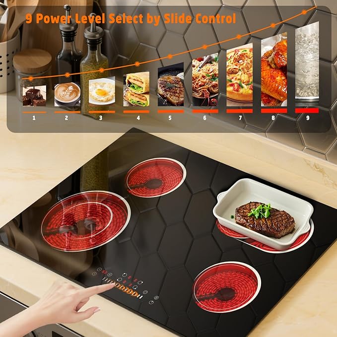 30 Inch Electric Cooktop 6600W, 4 Burner Electric Stove with Slide Control, Built-in 30'' Ceramic Cooktop 220V Hard Wire, Timer & Safety Lock, Extended Zone, Residual Heat Warning