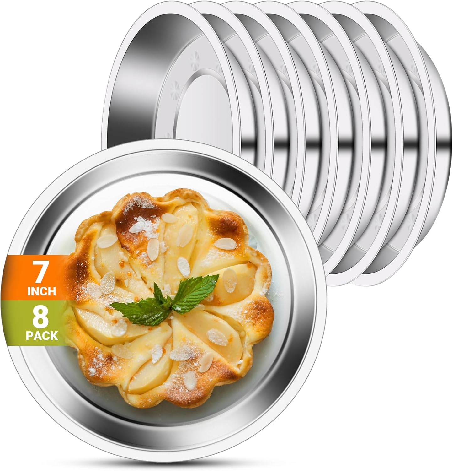 Patterned Deep Stainless Steel Plates, 8 Set 7 inch 201 Metal Food Serving Plate, Reusable Snack Eating Dishes Round Shatterproof Silver Dinnerware for BBQ Dinner Oven Dishwasher Safe