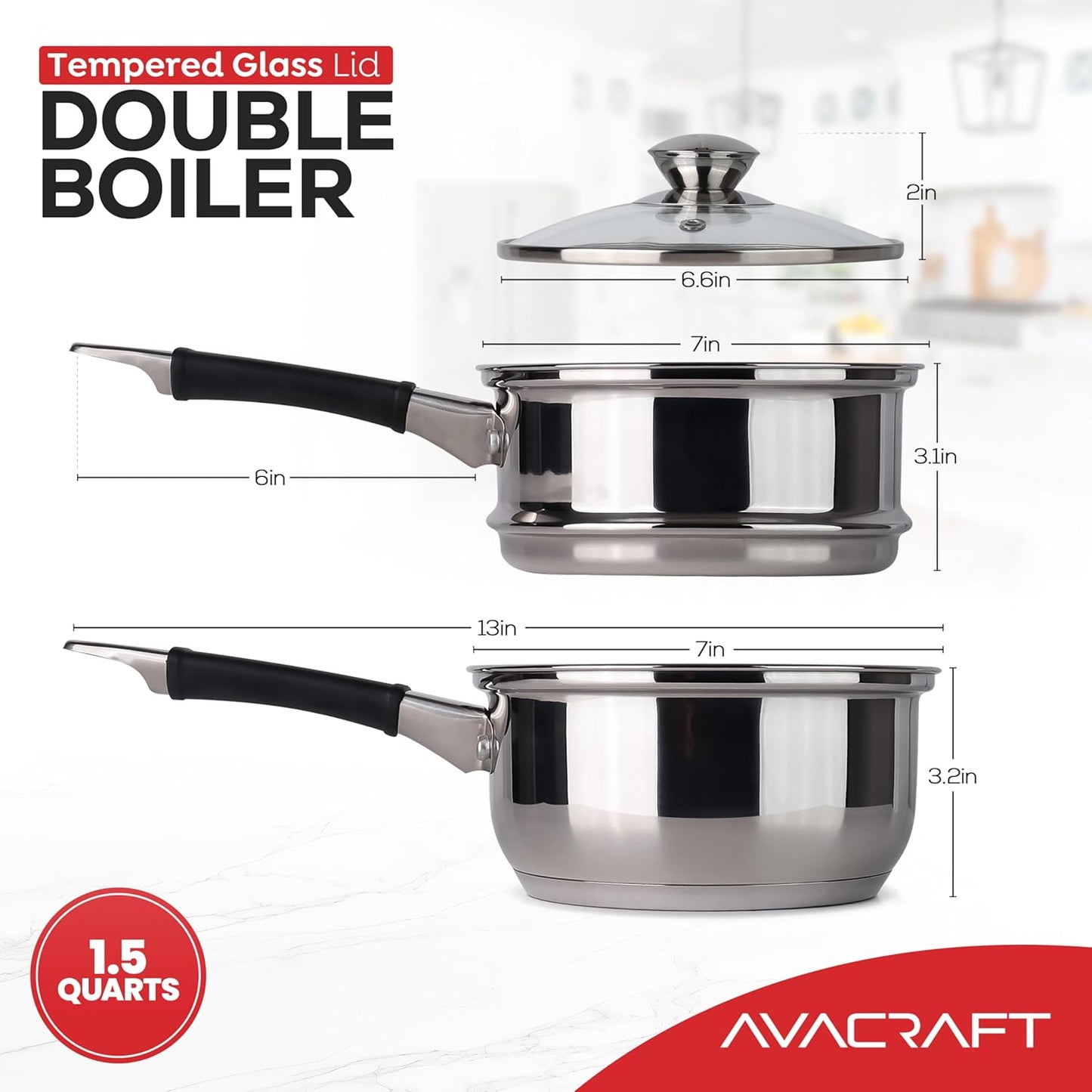 AVACRAFT 18/8 Stainless Steel Double Boiler, 1.5 Quart - Quality Clad Melting Pot for Butter, Chocolate, Cheese, Wax, Sauces - Even Heat, Tempered Glass Lid, Long Handle, Bottom has 5 Layers